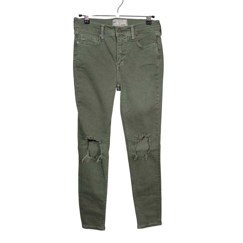 Free People Busted Knee Skinny Jeans Womens 27 Olive Green High Waist Distressed